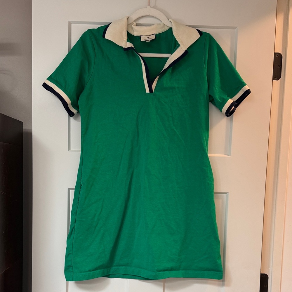 Tuckernuck Hutton Polo Dress in green with white and navy stripe trim, Sz M